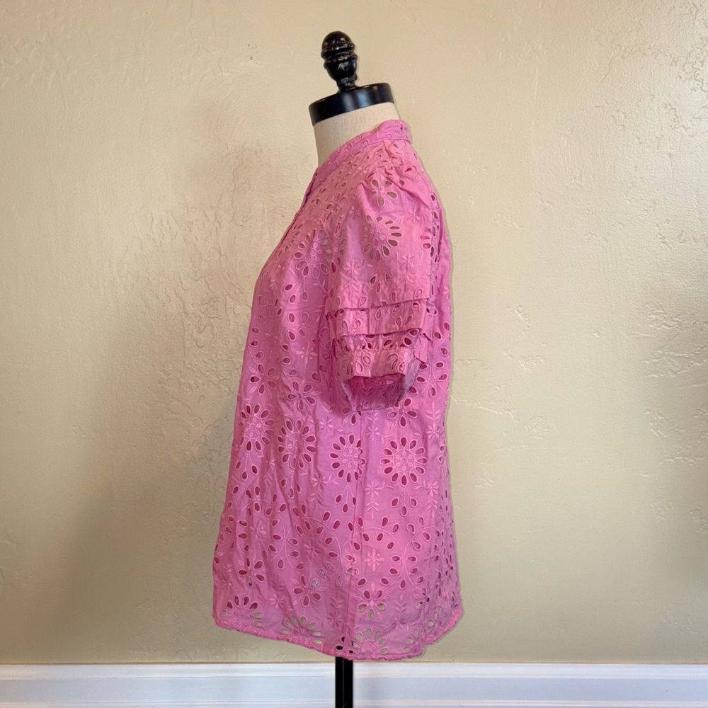 J Crew Puff-Sleeve Popover Top in Eyelet Pink Size Medium - Picture 3 of 14